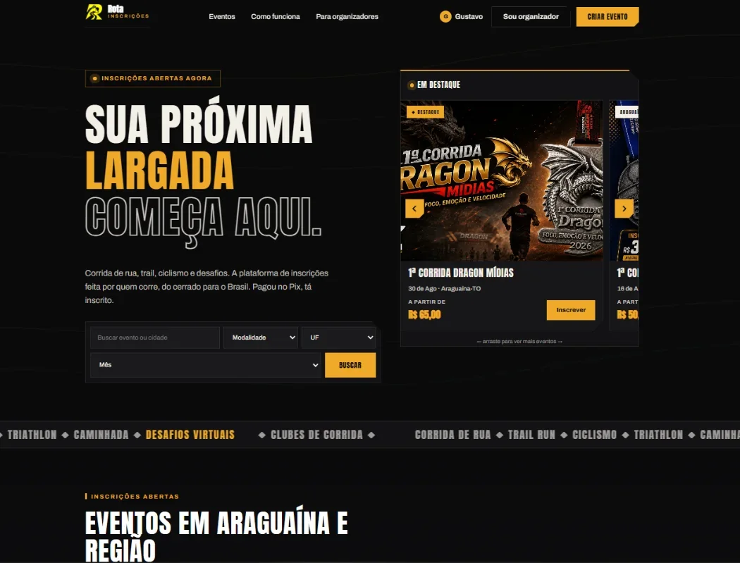 Plataforma Rota Inscrições no computador